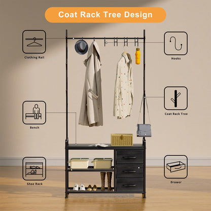 Free Standing Coat Rack Rustic Hall Tree 33"x12"x69.3" Black Wood Veins