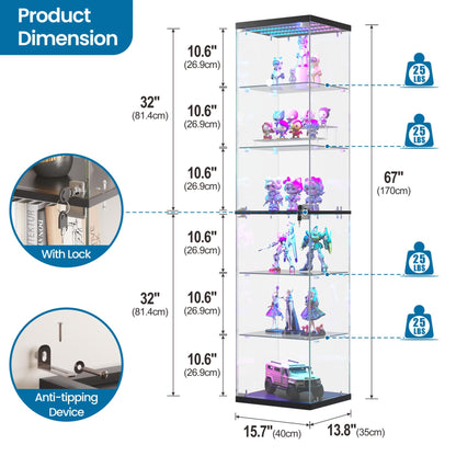 FREDEES Display Cabinet with RGB Lights and Glass Door, 6-Tier, Black