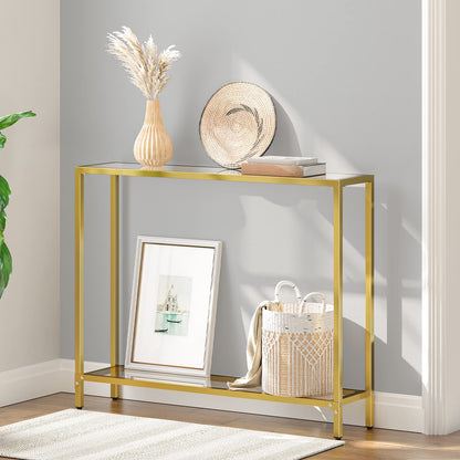 HOOBRO Console Table, 2-Tier Tempered Glass Console Table, Slim Hallway Table with 2 Shelves, 100 x 22 x 80 cm, Modern Display Table for Living Room