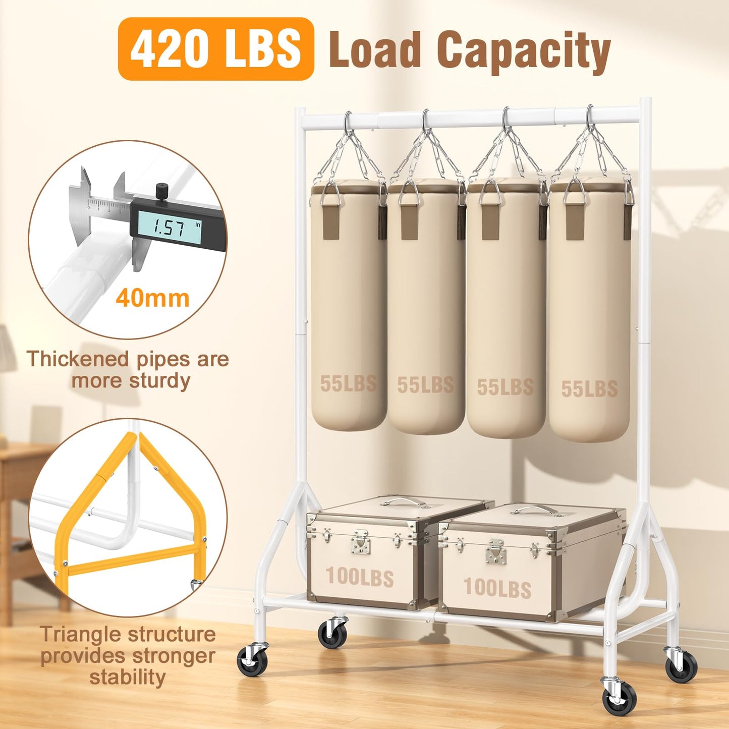 EAGMAK Heavy Duty Rolling Clothes Rail Load 180 KG (White, 110×48×160 cm)