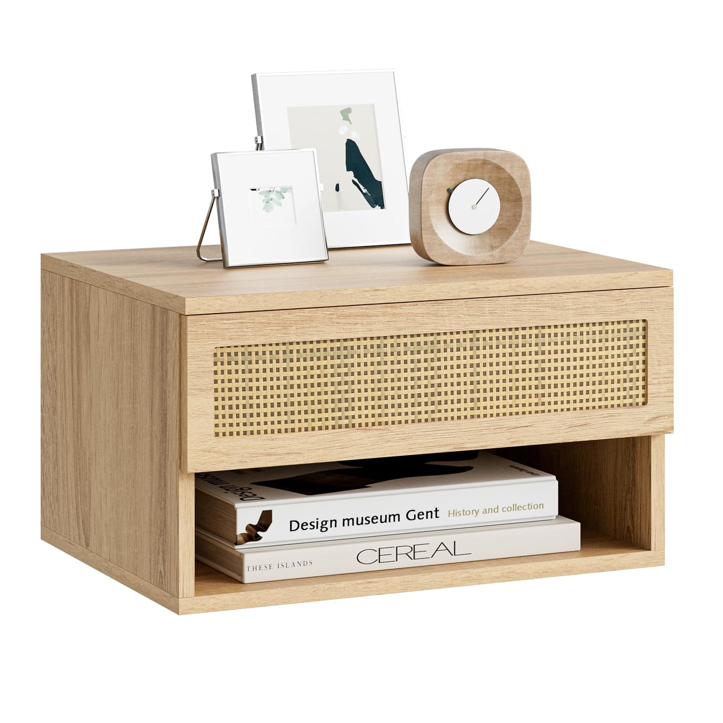 HEYZOEY Floating Bedside Table, Small Modern Floating Nightstand with Drawer, Floating Shelves for Bedroom, Bathroom (Oak Rattan)
