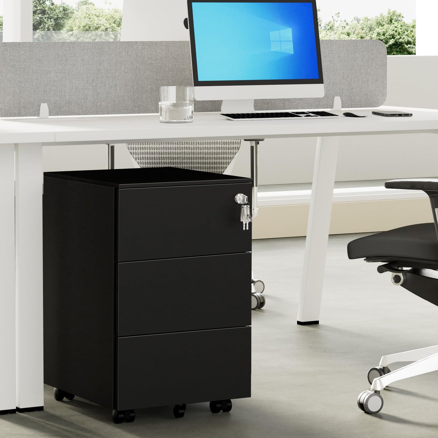 HOMSTEEL Mobile File Ccabinet, Filing Cabinet with 1 Lock, 4 Keys, 3 Drawers, Metal Cabinet, Pre-assembled, for Office, Home Office, Black