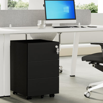 HOMSTEEL Mobile File Ccabinet, Filing Cabinet with 1 Lock, 4 Keys, 3 Drawers, Metal Cabinet, Pre-assembled, for Office, Home Office, Black