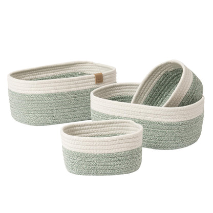 LA JOLIE MUSE Small Cotton Woven Storage Baskets, White & Green, 4 Pack