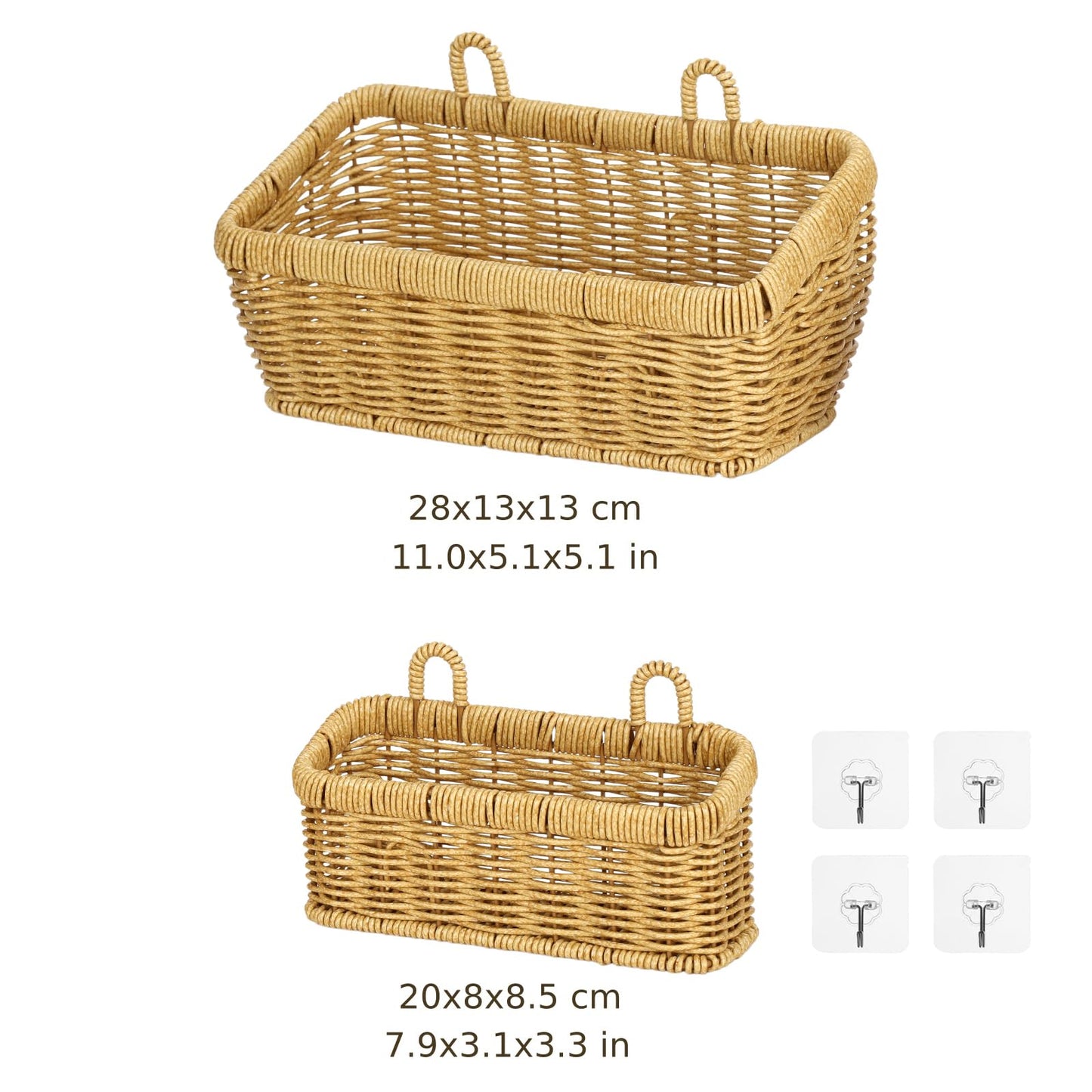 2 Pcs Wall Hanging Basket Set, Rattan Storage Basket with Hooks,2 sizes for kitchen bathroom garden