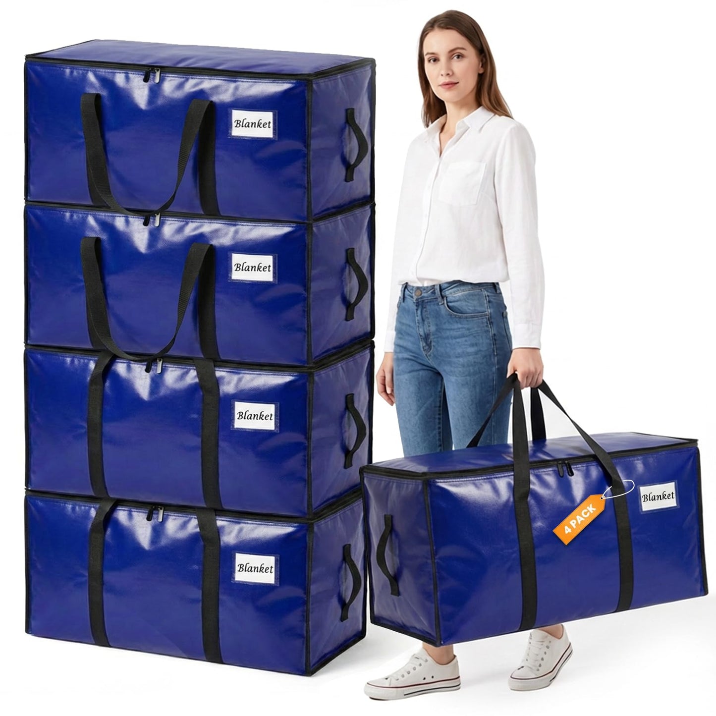 RICHER HOUSE 90L Heavy Duty Moving Boxes, Clothes Storage Bags, 4 Pack,Blue