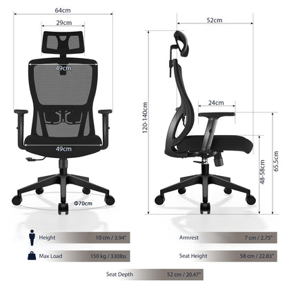 Durrafy Office Chair, Desk Chair with Adjustable Headrest, Lumbar support and Liftable Armrest, High Back Ergonomic Office Chair