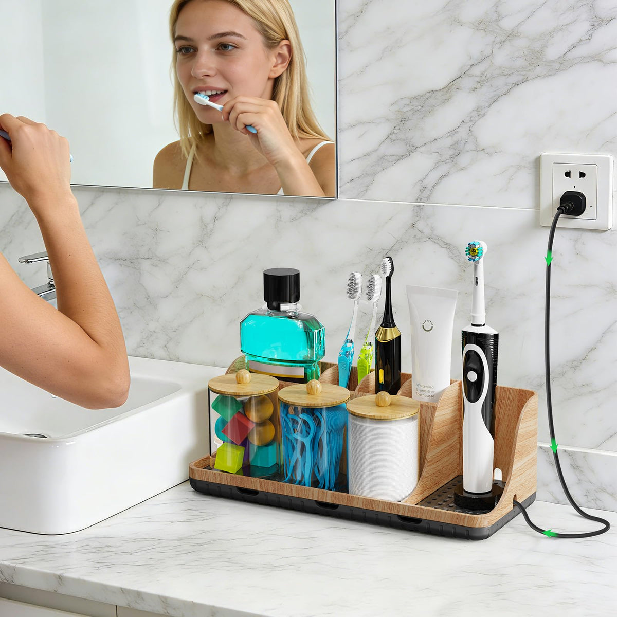 PARKMANI Toothbrush Holder for Bathroom Organizer Storage, Electric Tooth Brush Holder with 3 PCS Cotton Bud Holder, Bathroom Accessories for Family