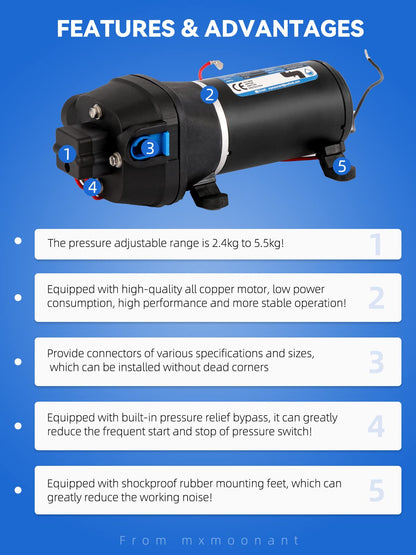Mxmoonant 12V DC Automatic Water Pump, Booster Pump, 40 Psi, 2.8 Bar, 130W, 17 Lpm/min, Self Priming, Overload Protection, Low Noise, for Caravan,