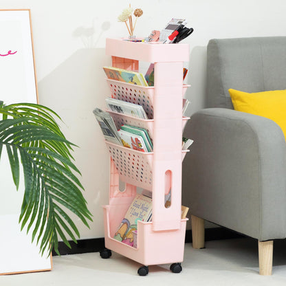 DOEWORKS Mobile Bookshelf with Wheels Small Rolling Book Storage Trolley Craft Trolley Art Trolleys 5-Tier Slim Bookcase Movable Bookshelf for Living