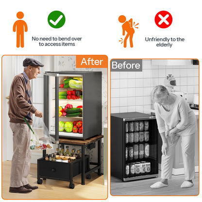HOOBRO Mini Fridge Stand with Storage Basket and Power Outlet, Mini Fridge Cabinet with Wheels and Adjustable Feet, Mobile Fridge Shelf, for Home