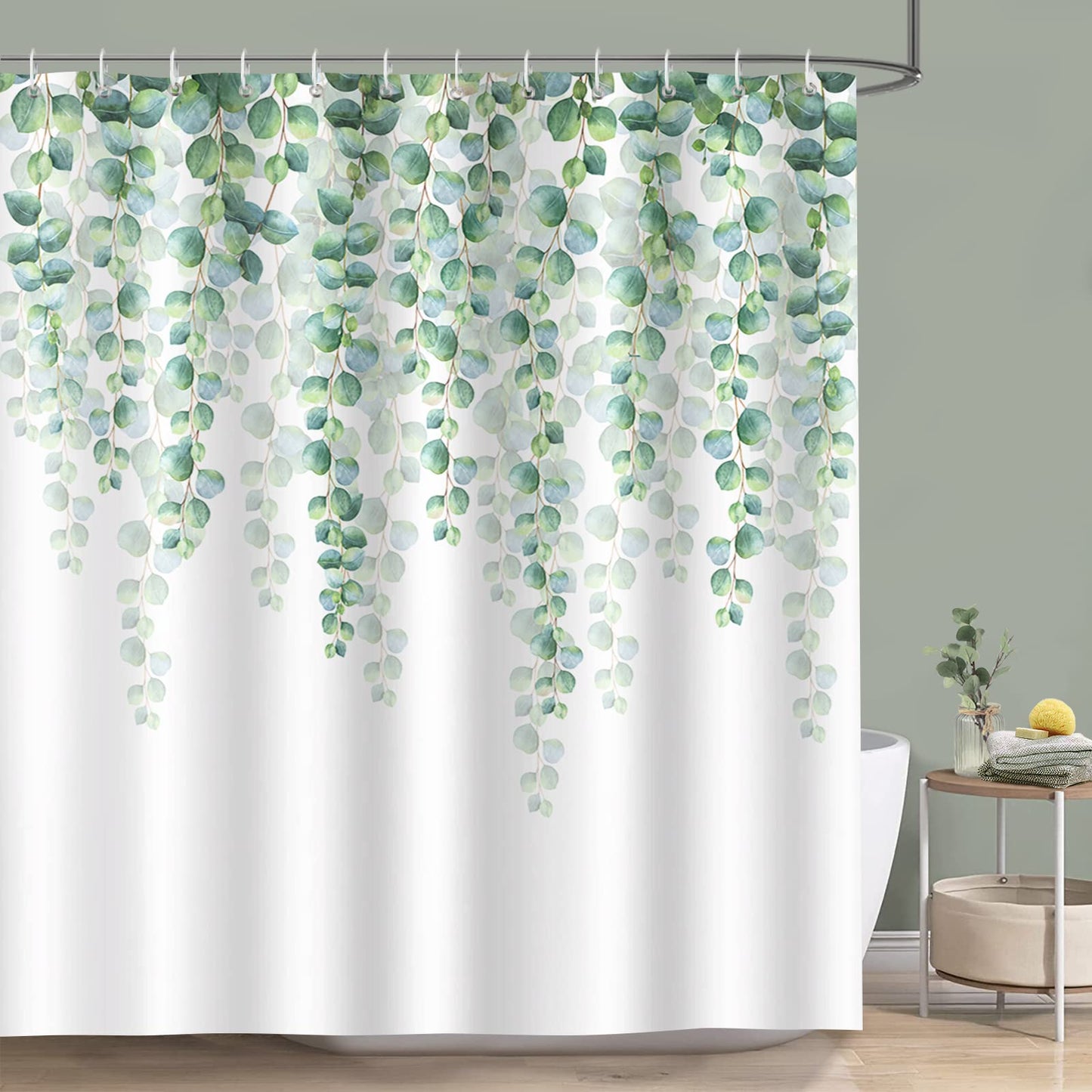 Bonhause Eucalyptus Green Leaves Shower Curtain 180 x 200 cm Leaf Plant Bathroom Curtain Waterproof Mildew & Mould Resistant Polyester Fabric Bath