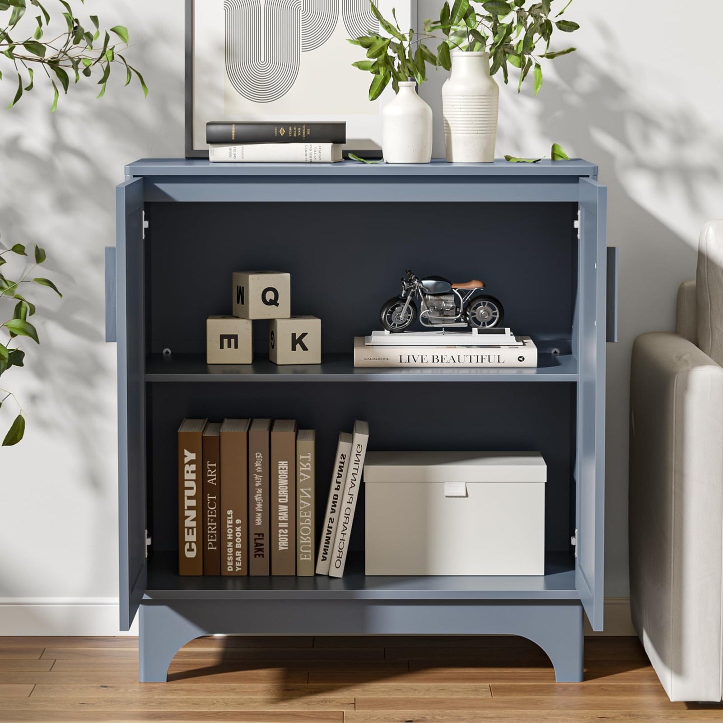 Skokliz Sideboard, Buffet Storage Cabinet with Natural Rattan 2 Doors