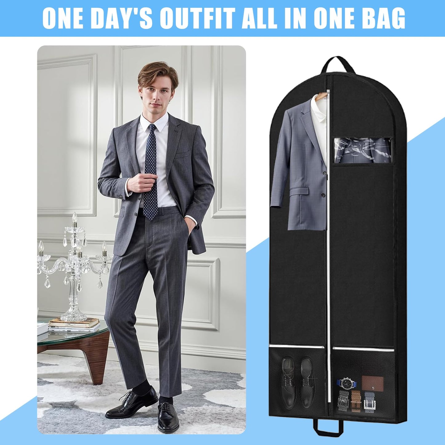 2 Pack Garment Bags for Hanging Clothes, 54x23x4 Inch Foldable Suit Cover with Clear Zipper Pockets & Handles, Heavy Duty Storage Carriers for Travel
