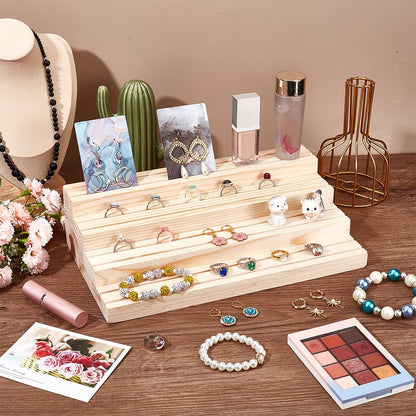NBEADS 4-Tier Wood Jewelry Display Stand, Wooden Earring Organizer Holder with Grooves Jewelry Showcase Rack for Rings Earring Display Cards Photo