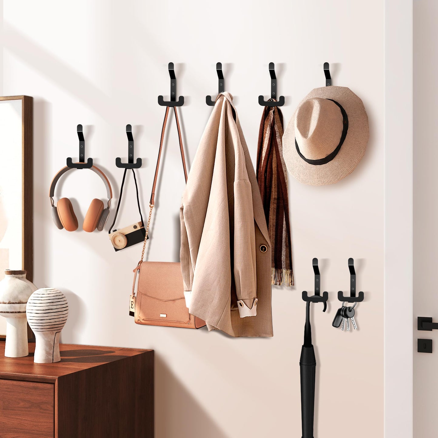 MEIJO 5 Coat Hooks Wall Mounted Stainless Steel, Black Coat Rack Wall Mounted Heavy Duty Wall Hook, Coat Hooks for Door, Bedroom, Bathroo