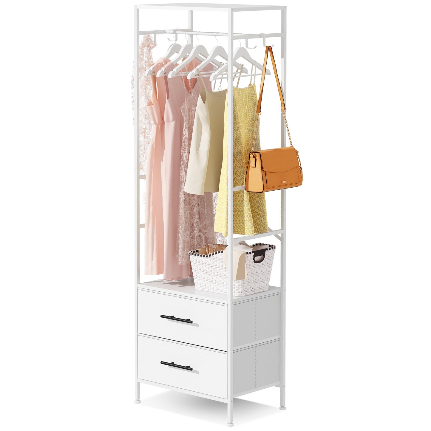 MYGIIVOVO Open Wardrobe, Clothes Rail with Drawers for Bedroom, with 2 White Fabric Drawers, 4 Side Hooks and Metal Frame 30D x 50W x 172H cm