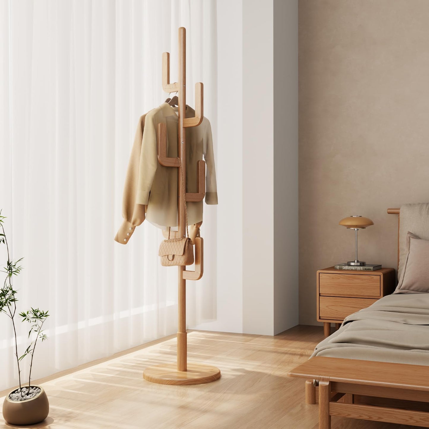 AQIMUELE Coat Stand, Woodem Coat Rack Stand - Cactus Design with 6 Hooks, Sturdy and Easy Assembly for Hallway Entryway, Hat Stand for Clothes
