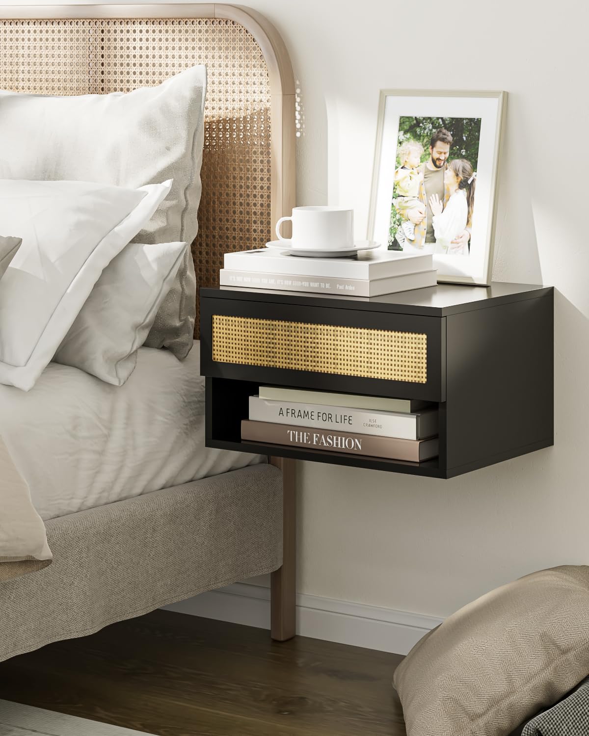 HEYZOEY Small Modern Bedside Table with Drawer, Nightstand with Floating Shelves for Bedroom, Bathroom (Black Rattan)