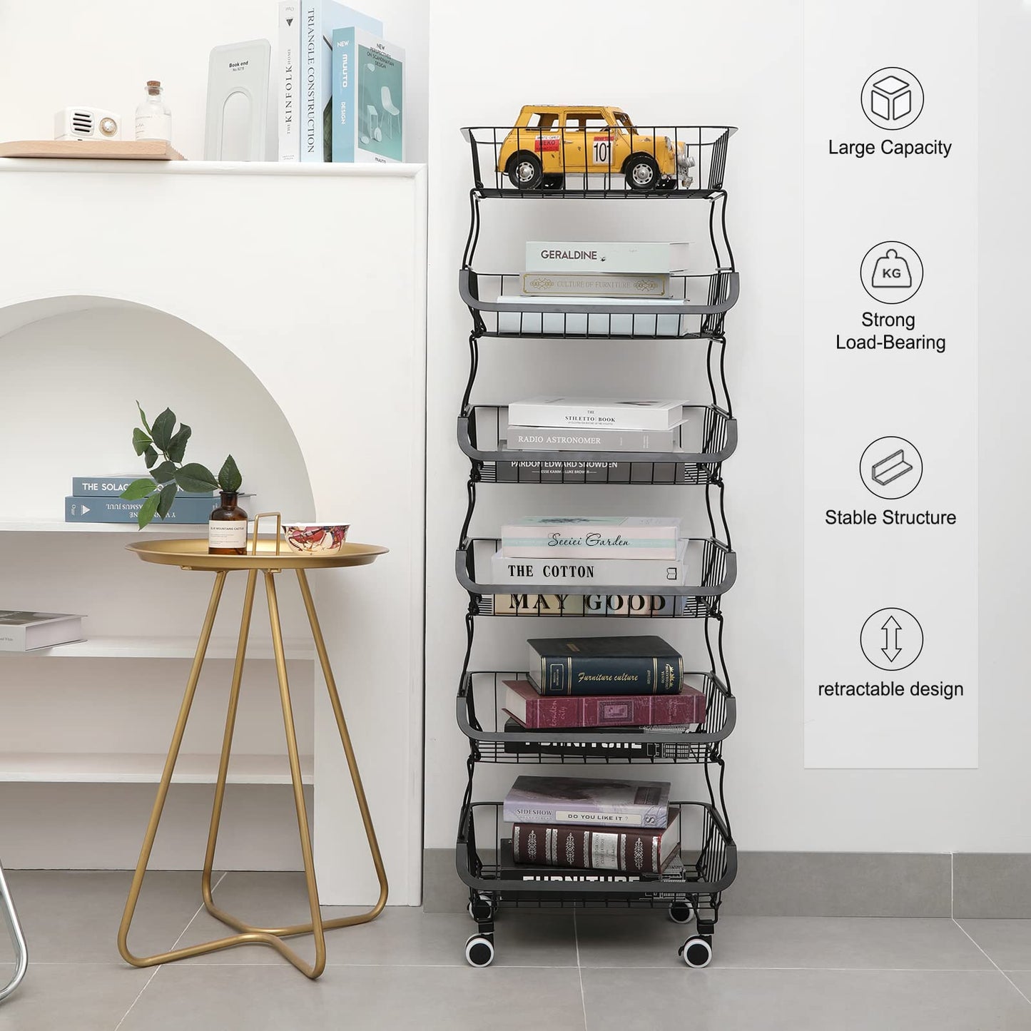 BRIAN & DANY 6 Tier Vegetable Storage Rack, Stackable Fruit Vegetable Stand with Lockable Casters and 5 S-Hooks for Kitchen, Pantry, Bathroom, Garage