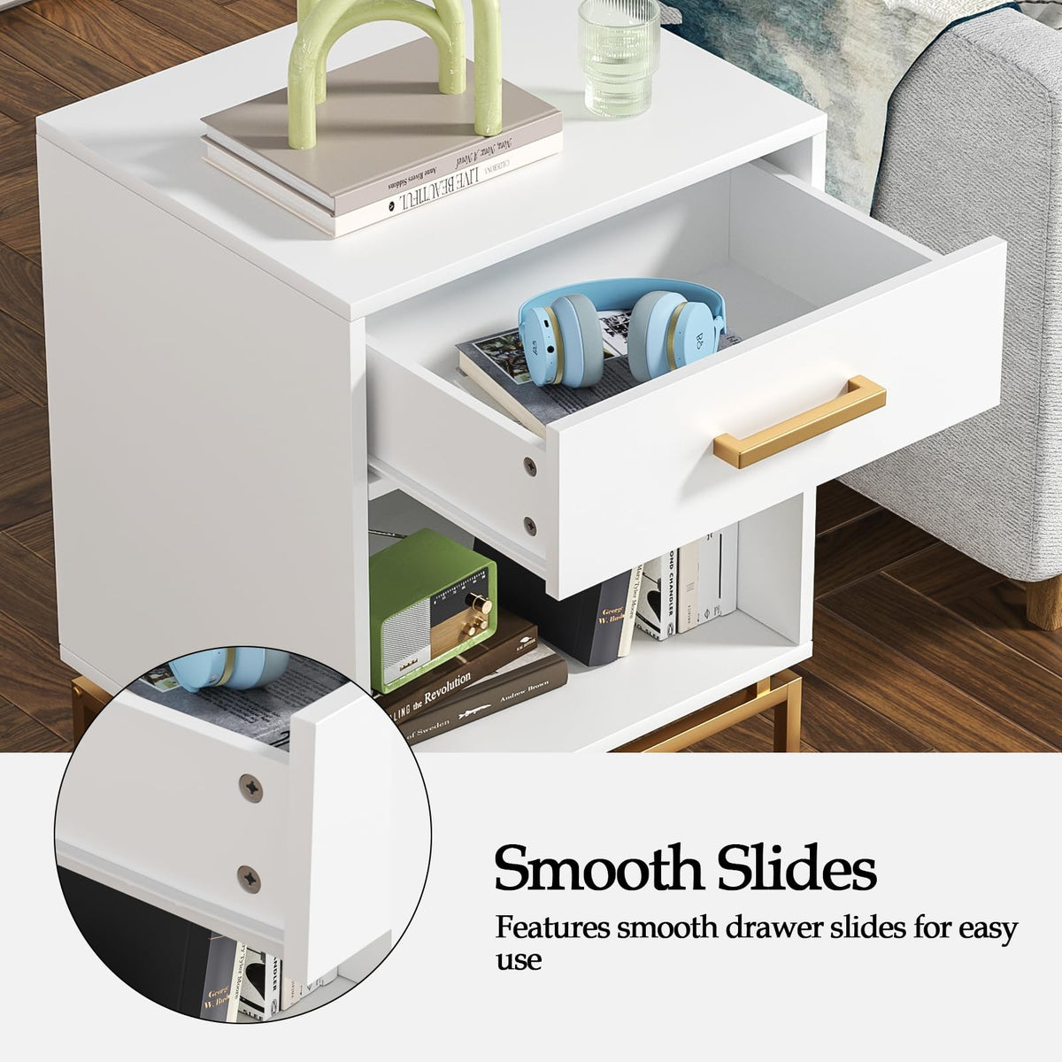 Skokliz Bedside Tables Set of 2 - White Cabinet with Drawer & Open Shelf, Modern End Table for Bedroom, Living Room & Small Spaces