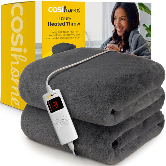 Cosi Home Luxury Faux Fur Heated Throw - Electric Heated Blanket with 9 Heat Settings, 9 Hour Timer and Overheat Protection - Machine Washable with