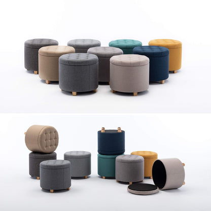 HNNHOME 45cm Round Linen Padded Seat Ottoman Storage Stool Box, Footstool Pouffes Chair with Lids (Pearl River)