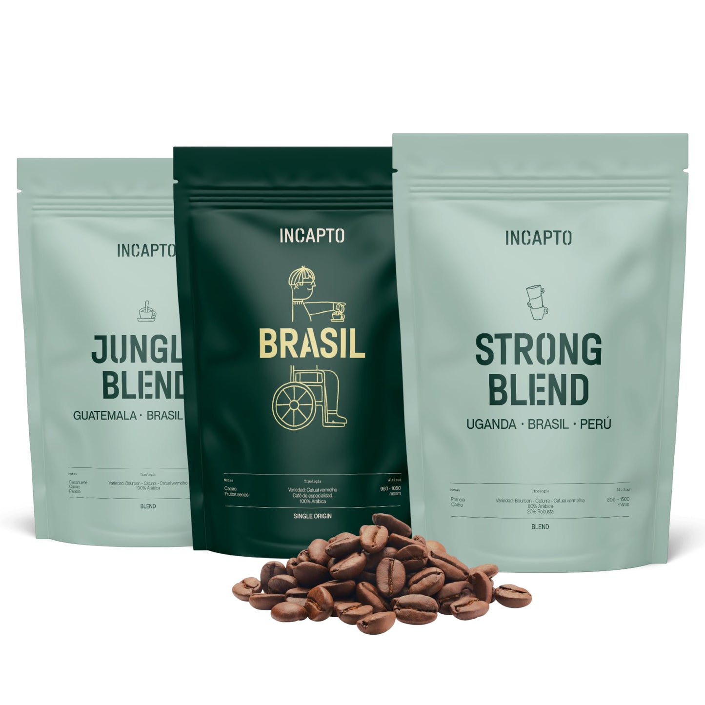 Incapto Pack Introduction to Specialty Coffee Beans | Jungle Blend, Brazilian Coffee, and Strong Blend | High Roast Level and Intense Aroma | 3 packs