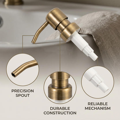 2 Pack Vintage Gold Stainless Steel Soap Dispenser Pump Replacement Heads, 304 Grade 28/400 Screw-In Thread