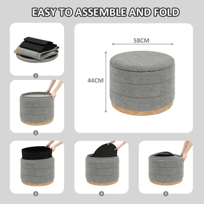 PINPLUS Round Chenille Storage Ottoman, Tray Top, 58x58x44 cm, Grey