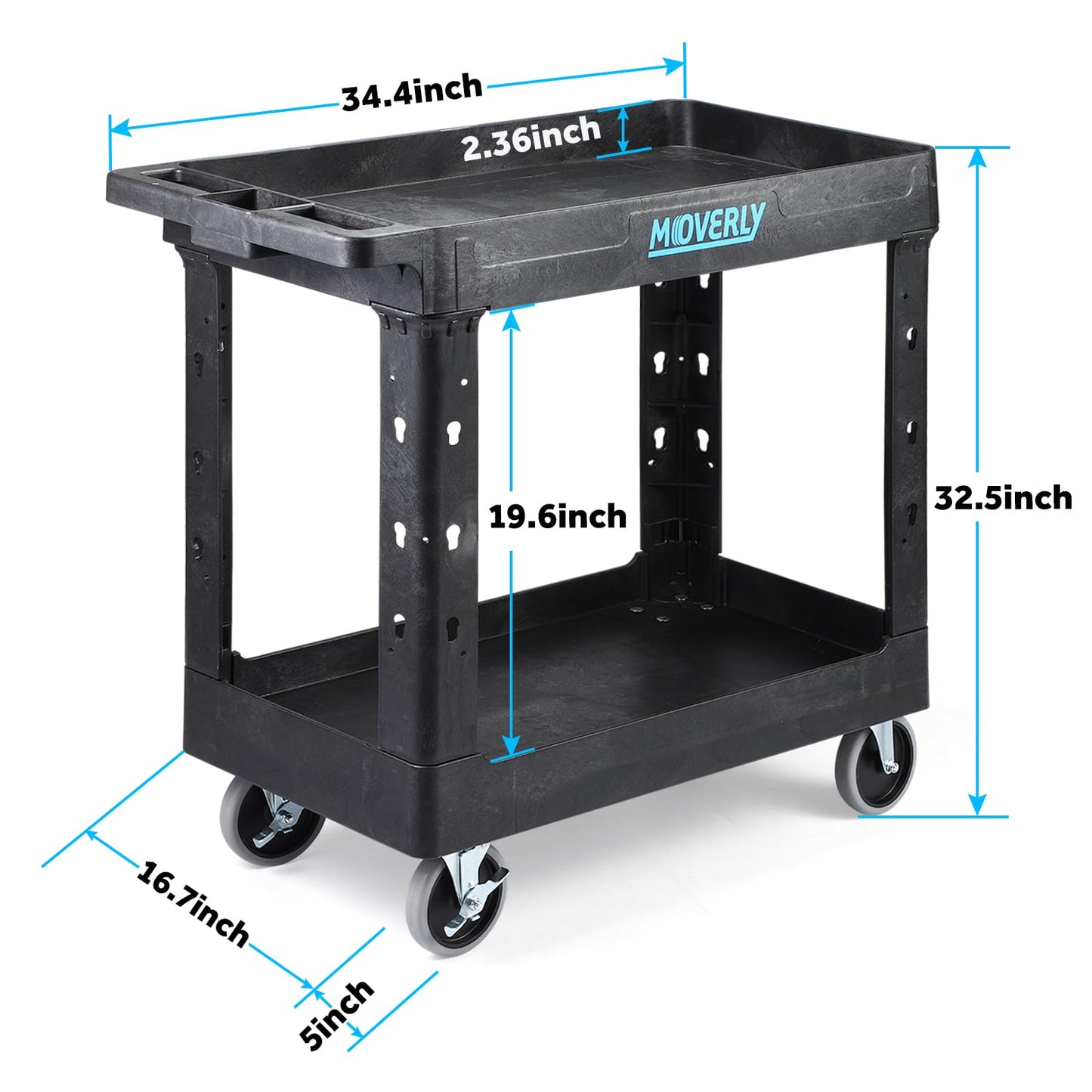 Heavy Duty Plastic Utility Cart, 34 x 17 Inch, 2-Tier Service Cart with Deep Shelves, Full Swivel Wheels, 550 lbs Capacity – Rolling Cart for Office