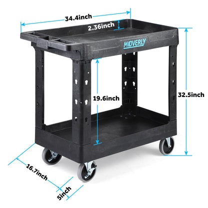 Heavy Duty Plastic Utility Cart, 34 x 17 Inch, 2-Tier Service Cart with Deep Shelves, Full Swivel Wheels, 550 lbs Capacity – Rolling Cart for Office