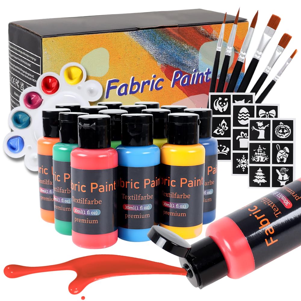 Fmtasx Permanent Fabric Paint for Clothes - Textile Paint Set Wash-Resistant for T-Shirts, Jeans, Bags, Shoes & DIY Crafts (14x30ml)