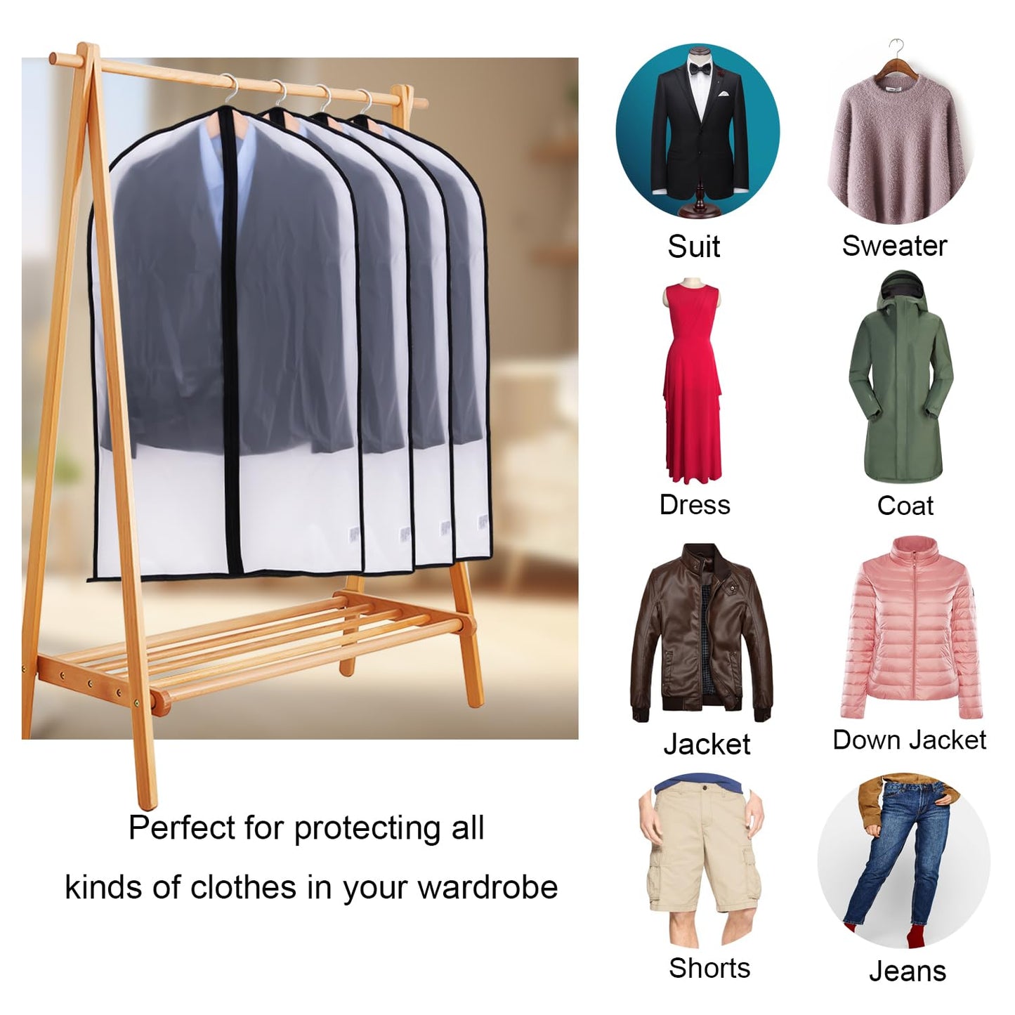 Niviy Garment Covers Dustproof Clothes Covers Moth Proof Coat Bag with Zip PEVA Translucent Dress Cover Waterproof Anti-mite Breathable Suit