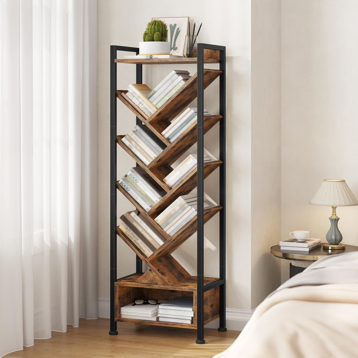 HOOBRO Tree Bookshelf with Storage, 9-Tier Floor Standing Shelf with Upper Shelf & Compartment, Tall CD/DVD/Book Organiser, for Living Room, Bedroom