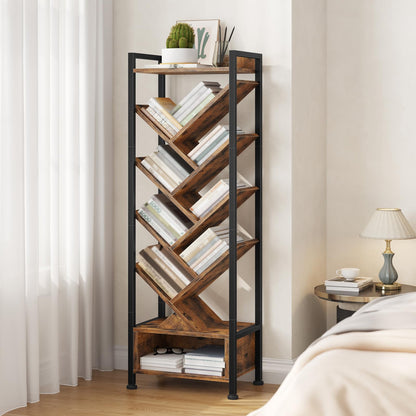 HOOBRO Tree Bookshelf with Storage, 9-Tier Floor Standing Shelf with Upper Shelf & Compartment, Tall CD/DVD/Book Organiser, for Living Room, Bedroom