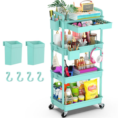 Yeabett 4 Tier Craft Trolley, Storage Trolley On Wheels Utility Cart With Drawer For Kitchen, Bathroom, Office, Living Room, Blue