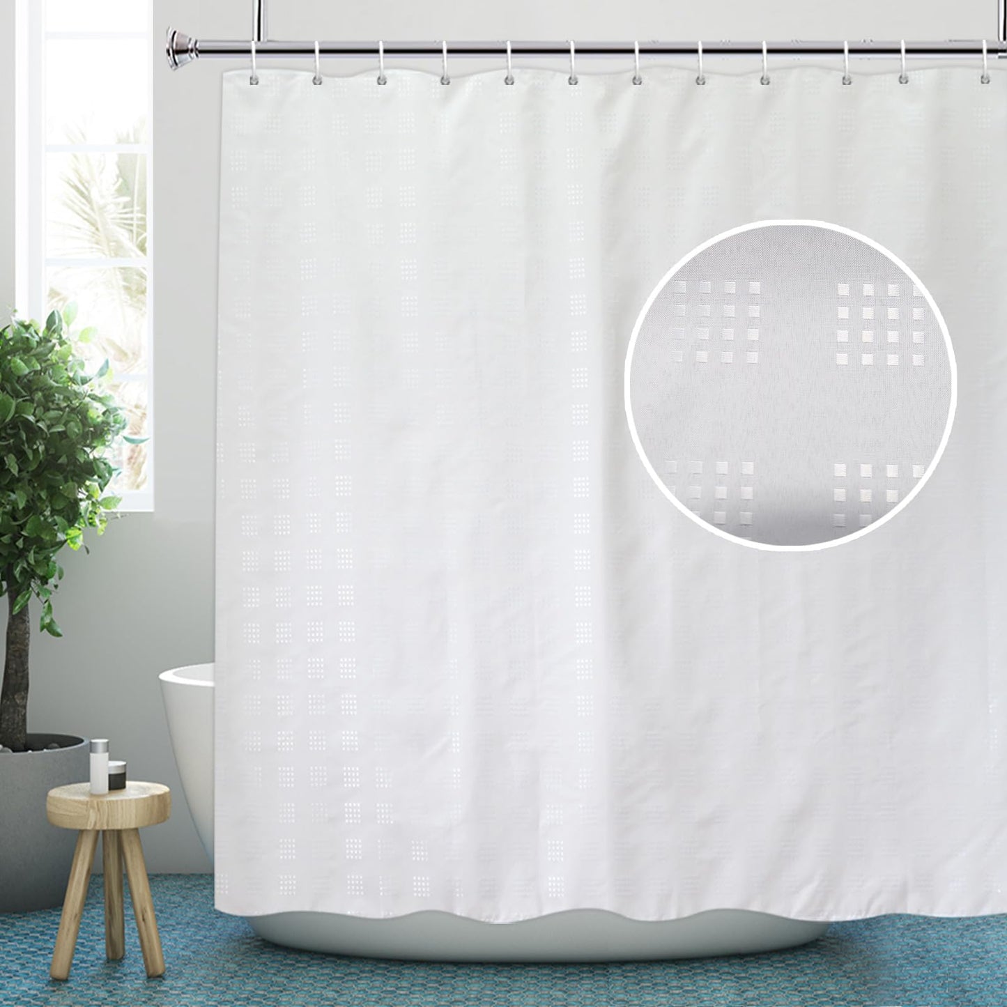YISURE Extra Long Wet Room Curtain - 220cm Drop, White Textured Shower Curtain for Bathroom Tub, Waterproof Fabric with Plastic Hooks