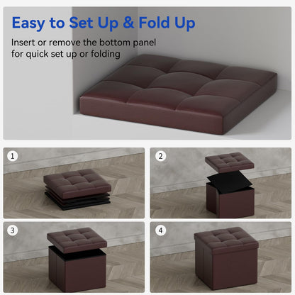 BRIAN & DANY Folding Storage Ottoman, Faux Leather Cube Foot Rest Stool with Cover, Storage Chest with Highly Elastic Sponge Filling, Brown