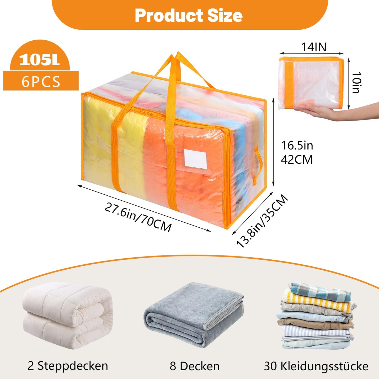 Dntorx 6 Pack 105L Moving Bags Clothes Storage Bags Drom Packing Box, Orange