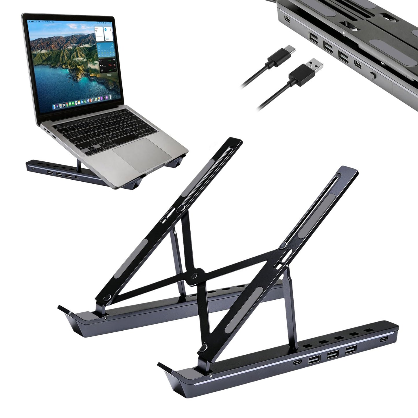 Tasofac 4-in-1 USB-C Laptop Stand, Aluminum Laptop Stand with 4-in-1 USB-C Docking Station, Foldable Double Stand, Laptop Station with Docking Station