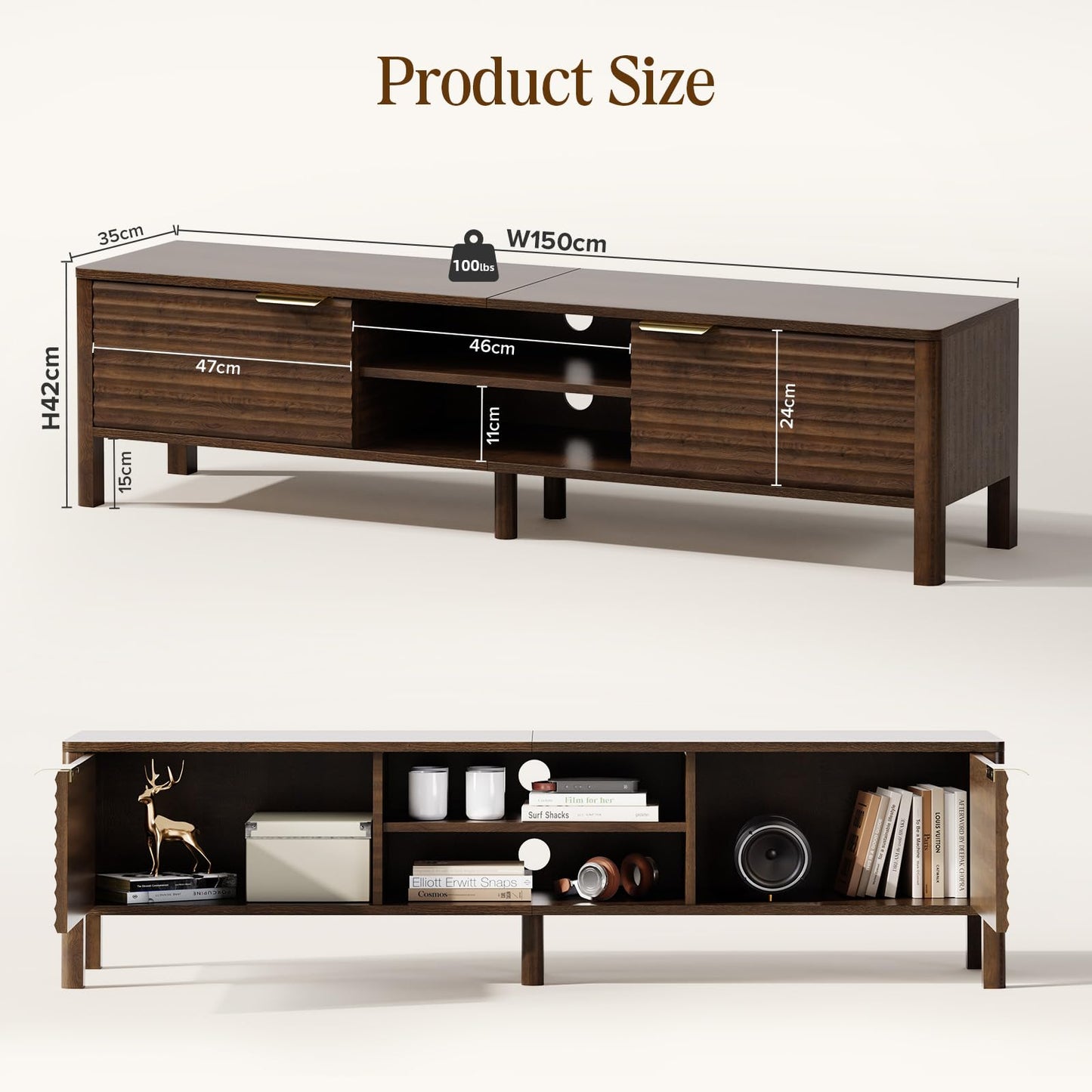 IKALIFE Wooden TV Stand Cabinet - 150cm Long TV Unit With Storage, Walnut