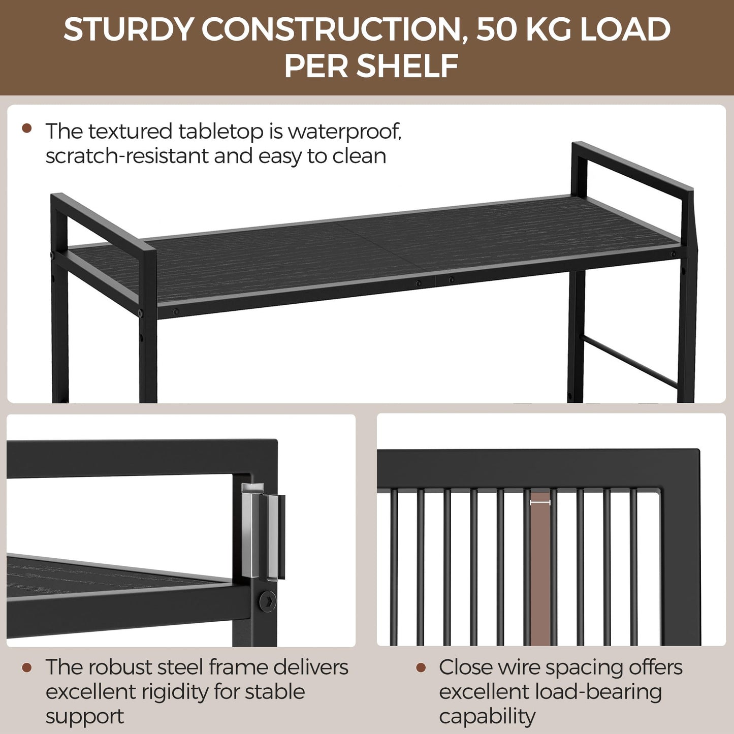 3-Tier kitchen trolley,Black Wood Top,80W×30Dcm,4 Hooks, Adjustable Shelves
