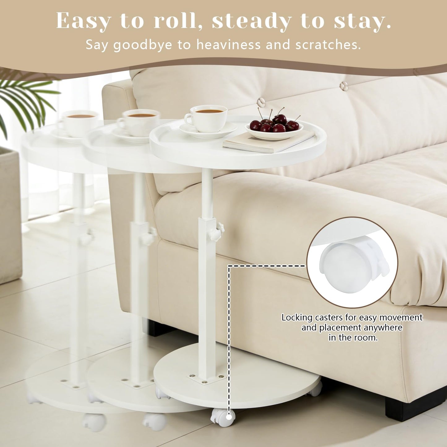 YYW C Shaped End Table Adjustable Height, Couch Tables that Slide Under for Small Spaces, 360°Swivel TV Tray Table