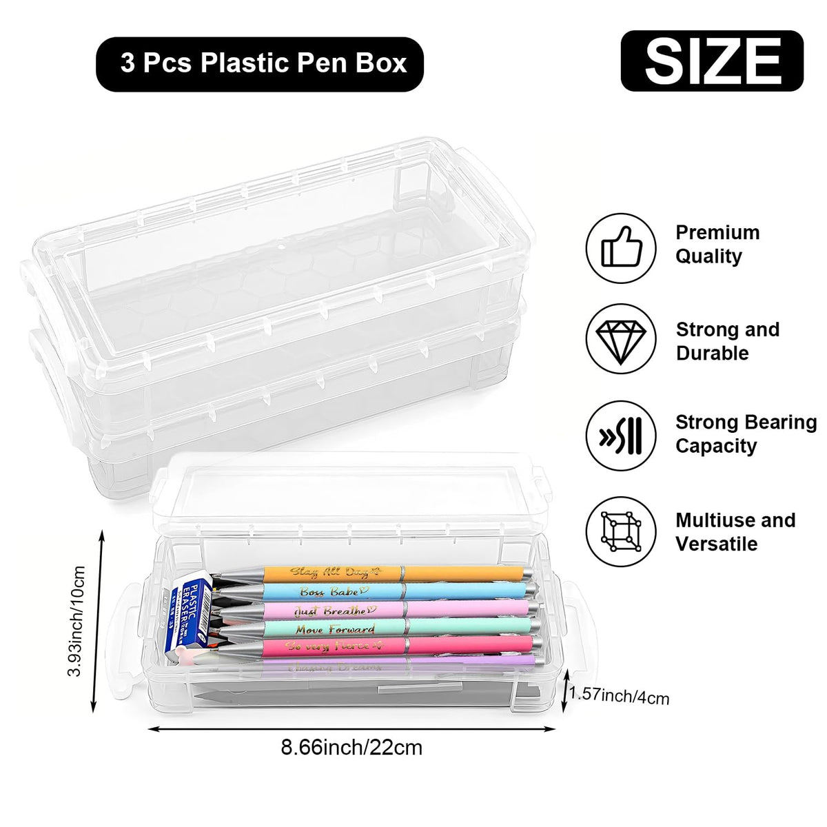 DARUITE Pencil Box, 3 Pack Pen Storage Organiser with Snap Tight Lid