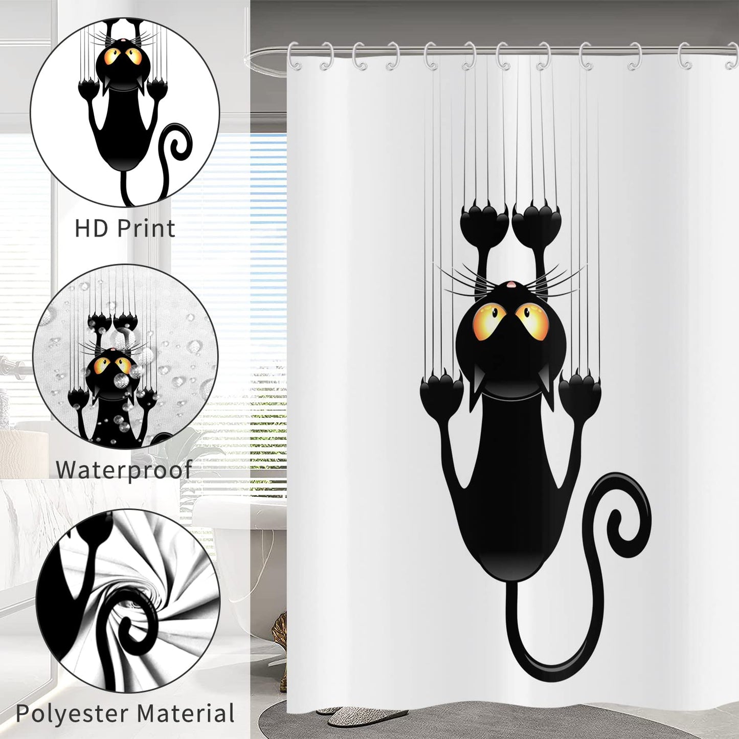 Hnmdmyi Funny Cat Shower Curtain 240x180, Black Kitten Scratching the Wall Bathroom Curtains Kids Cute Cartoon Animal Black and White Minimalism Art
