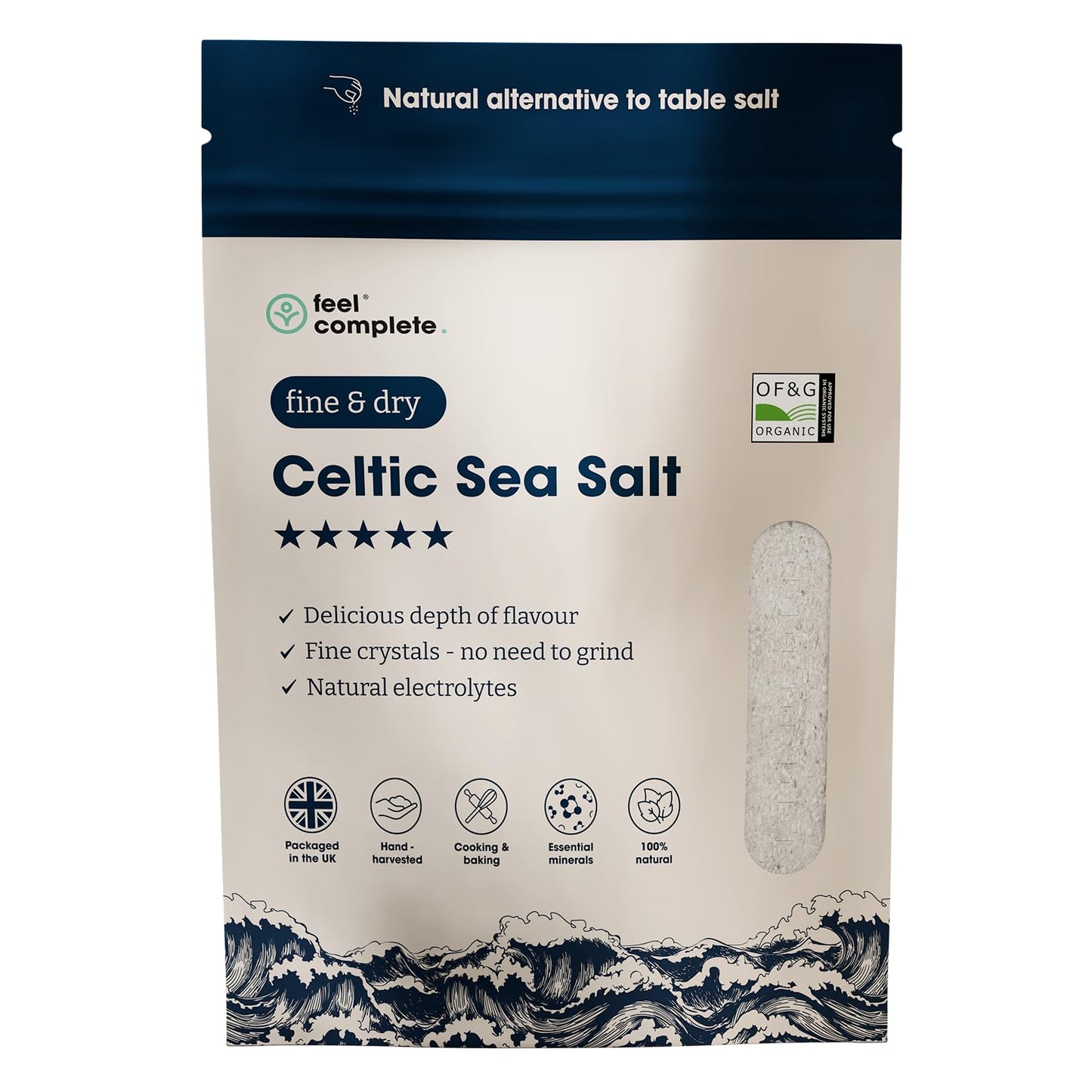 Feel Complete | 400g Fine & Dry Celtic Sea Salt | No Need To Grind | Organic Approved | Essential Minerals & Electrolytes | Natural Alternative To