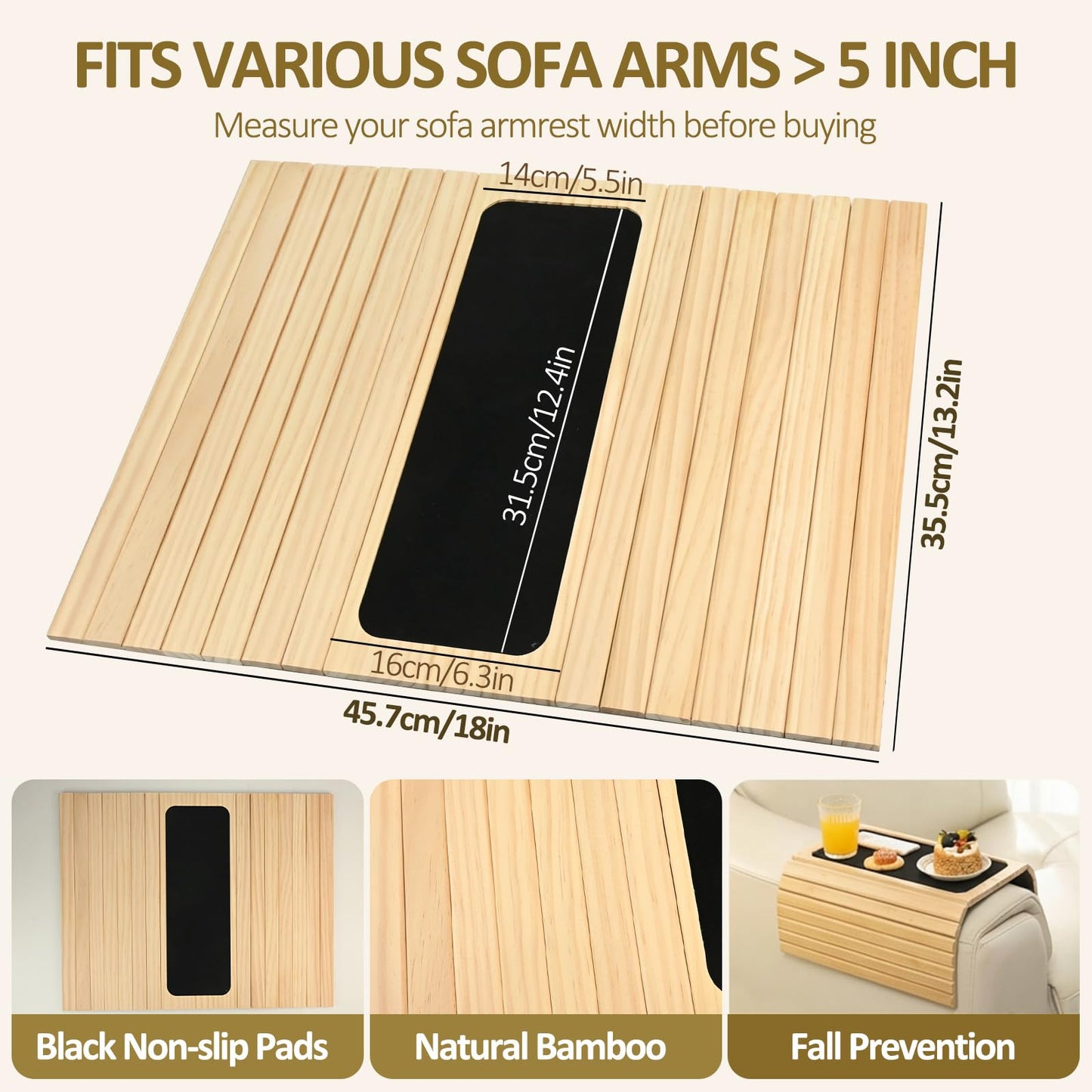 Sofa Arm Tray Natural Bamboo, Foldable Couch Arm Table with Black Coaster, Non-Slip Sofa Armrest Organizer for Recliners and Sectionals
