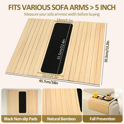 Sofa Arm Tray Natural Bamboo, Foldable Couch Arm Table with Black Coaster, Non-Slip Sofa Armrest Organizer for Recliners and Sectionals