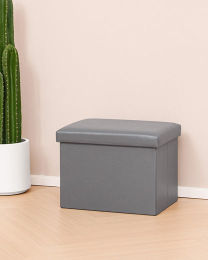 Bonlife Synthetic Leather Ottoman Storage Box, Foldable Toy Chest, Kids Footstool with Storage, Multi-Use Footrest for Living Room & Bedroom, Grey